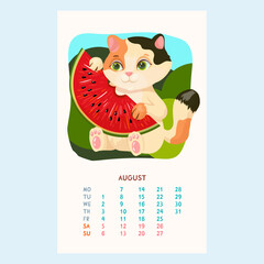 Calendar for 2023 with cute cats. The kitten eats a juicy watermelon. Pets. Furry friends. Calendar for August in cartoon style. Vector illustration.