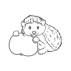 Monochrome picture, Cute little hedgehog with an apple, vector cartoon style, contour
