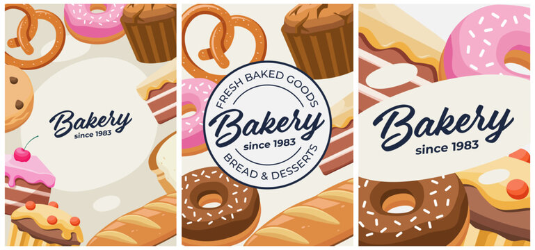 Bakery poster vector 3 templates with baked goods illustrations. Bakery logo on menu cover. Donuts, bread, cake, pretzel, muffin