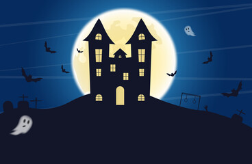 Halloween. Castle, haunted house, tomb on full moon night. City panorama in halloween style. Scary halloween isolated background. 