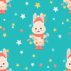 Seamless pattern with cute bunny in santa hat with Christmas garland on an emerald background with stars. Vector illustration. 2023 Year of Rabbit according to Eastern calendar. Childrens collection.