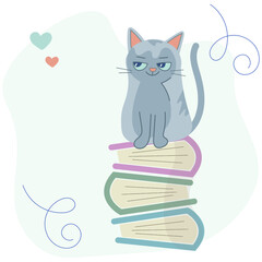 A stack of books and a cute cat. Readers. Book stickers. Decorative vector design elements. The concept of learning and reading books. Vector isolated flat illustration with place for text