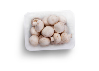 A top view of a punnet of Champignon, white button mushrooms isolated against a flat background.