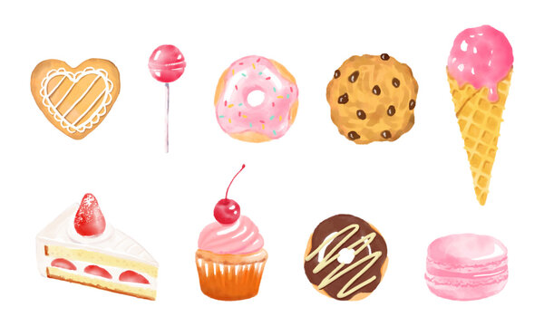 vector background with a set of sweet desserts in watercolor for banners, cards, flyers, social media wallpapers, etc.