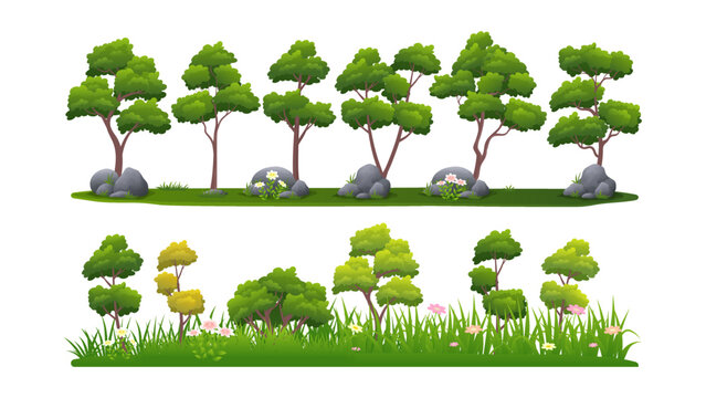 Jungle nature element collections, such as trees, bush, grass and flower cartoon illustration