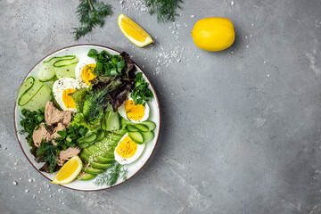 Girls' hands holding tuna vegetable vegetarian buddha bowl avocado, egg, cucumber and fresh salad on a dark background. top view