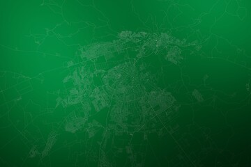 Map of the streets of Fez (Morocco) made with white lines on abstract green background lit by two lights. Top view. 3d render, illustration