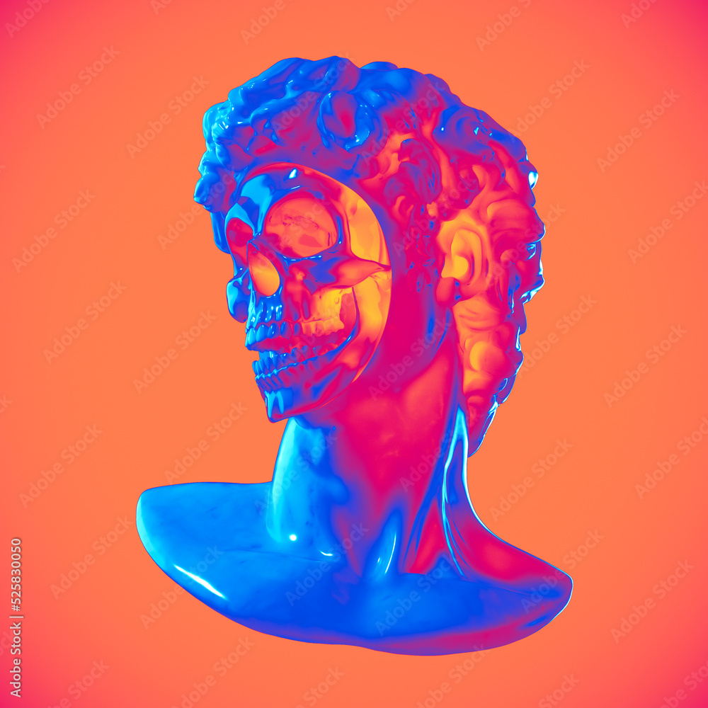 Poster abstract digital illustration from 3d rendering of a classical white marble head bust with missing f