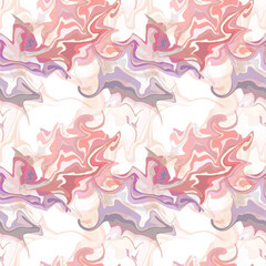 Abstract fluid liquid seamless pattern. Paint flows and swirls of light purple, pink, violet, beige, on white background. Textile, paper, surface design