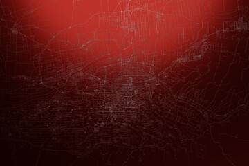 Street map of Xian (China) engraved on red metal background. Light is coming from top. 3d render, illustration