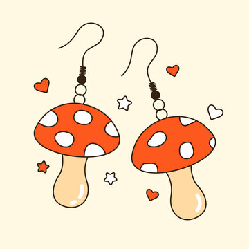 Colorful vector y2k mushroom earrings. 90s 00s cute amanita accessory for girl. Vintage groovy jewellery for ears. Funky bijouterie illustration