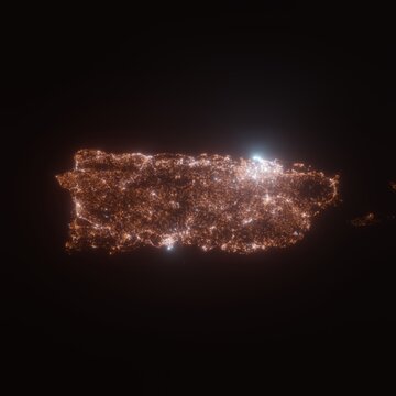 Puerto Rico street lights map. Satellite view on island at night. Imitation of aerial view on roads network. 3d render