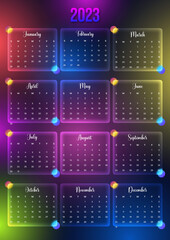 2023 Calendar Template. Calendar for 2023 year. Glass effect calendar for 2023