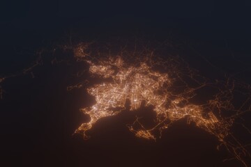 Aerial shot on Reykjavik (Iceland) at night, view from west. Imitation of satellite view on modern city with street lights and glow effect. 3d render