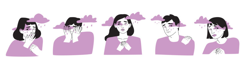Set of crying and sad characters surrounded by clouds. Sadness, sorrow, mental disorder or llness concept. Vector flat cartoon style illustration.