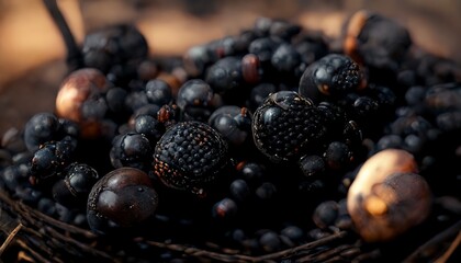 3D Illustration of a Blackcurrant on the basket with black colors