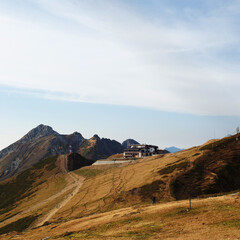 Naklejka premium Beautiful panorama of mountains, freedom and beauty of nature. Autumn view of the Caucasus mountains in Russia