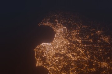 Aerial shot on Algiers (Algeria) at night, view from west. Imitation of satellite view on modern city with street lights and glow effect. 3d render