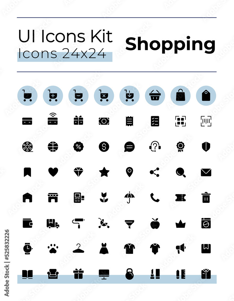 Sticker E commerce black glyph ui icons set. Retail shop. Purchasing. Silhouette symbols on white space. Solid pictograms for web, mobile. Isolated vector illustrations. Montserrat Bold, Light fonts used