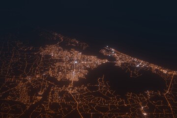 Aerial shot of Panama City (Florida, USA) at night, view from north. Imitation of satellite view on modern city with street lights and glow effect. 3d render