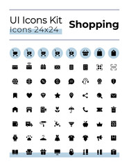 E commerce black glyph ui icons set. Retail shop. Purchasing. Silhouette symbols on white space. Solid pictograms for web, mobile. Isolated vector illustrations. Montserrat Bold, Light fonts used