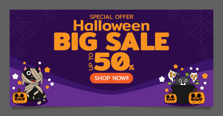 Happy Halloween promo sale flyer with Halloween elements.