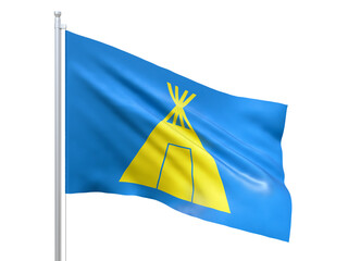 Kautokeino (municipality in Norway) flag waving on white background, close up, isolated. 3D render