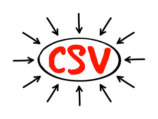 CSV - Comma Separated Values is a delimited text file that uses a comma to separate values, acronym concept with arrows