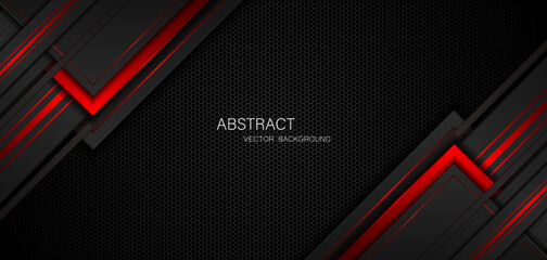 Abstract black and red polygon with red glow lines on dark steel mesh background with free space for design. modern technology innovation concept background  © Natt