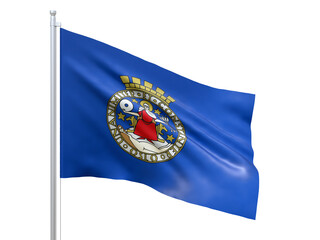 Oslo (municipality in Norway) flag waving on white background, close up, isolated. 3D render