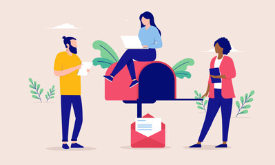 Fototapeta premium Business e-mail . Team of people working and writing email and digital communication for company. Flat design vector illustration