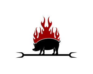 Pig silhouette with barbeque stick and fire behind