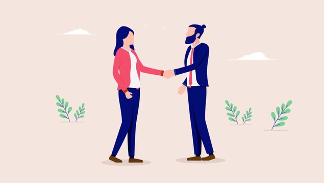 Man and woman handshake - Businessman and businesswoman shaking hands in business deal and agreement. Flat design vector illustration