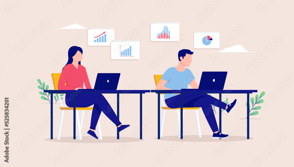 Poster Sitting and working with data - Man and woman with laptop computers on desk doing work. Flat design vector illustration