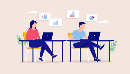 Fototapeta na wymiar Sitting and working with data - Man and woman with laptop computers on desk doing work. Flat design vector illustration
