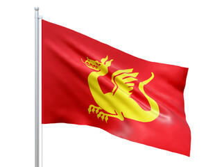 Stjordal (municipality in Norway) flag waving on white background, close up, isolated. 3D render