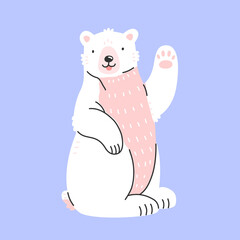 The polar bear is sitting, waving his paw and smiling. Cute bear character in cartoon style. Isolated illustration with an animal.