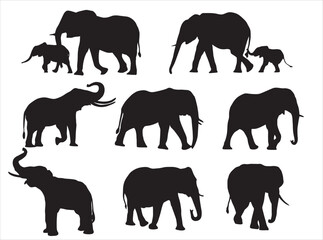 Vector set of silhouettes of elephants with their children in various poses. Goes, sits, plays, eats