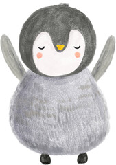 Cute watercolor baby emperor penguin dancing. Hand painted winter time illustration. Perfect for your Christmas and New Year