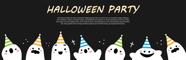 Halloween party ready banner with cute ghost characters in festive hats on a black background. Illustration for website design.