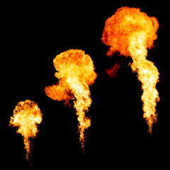 Sequence of fire explosion isolated on black, flame samples collection