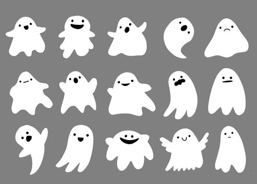 Set of cute ghosts in flat cute cartoon doodle style. Halloween ghost characters. Illustration isolated on background.