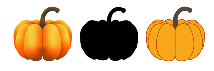 Pumpkin set. Orange pumpkin, black silhouette, 3D,  Flat, vector, autumn, Halloween.