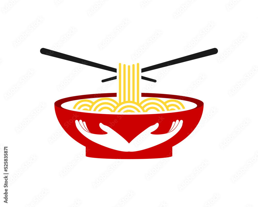 Sticker a bowl of noddle with hand inside