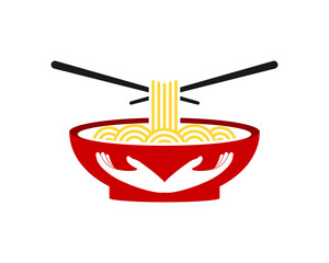 a bowl of noddle with hand inside