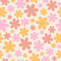Pastel floral pattern in the style of the 70s with groovy daisy flowers. Retro floral vector design. Style of the 60s, 70s, 80s - obrazy, fototapety, plakaty