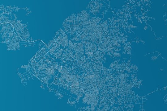 Map of the streets of Douala (Cameroon) made with white lines on blue background. 3d render, illustration