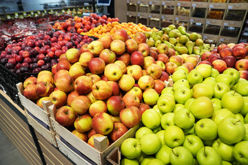 A large selection of farm fruits on the store counter. Products without GMOs and additives. Eco farm