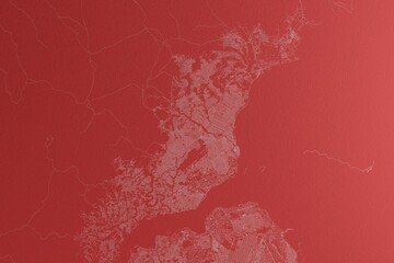 Map of the streets of Brazzaville (Congo) made with white lines on red paper. Top view, rough background. 3d render, illustration
