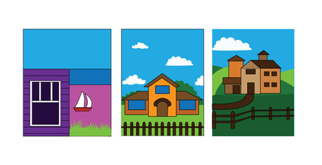 Set of landscape vector illustrations with sky background